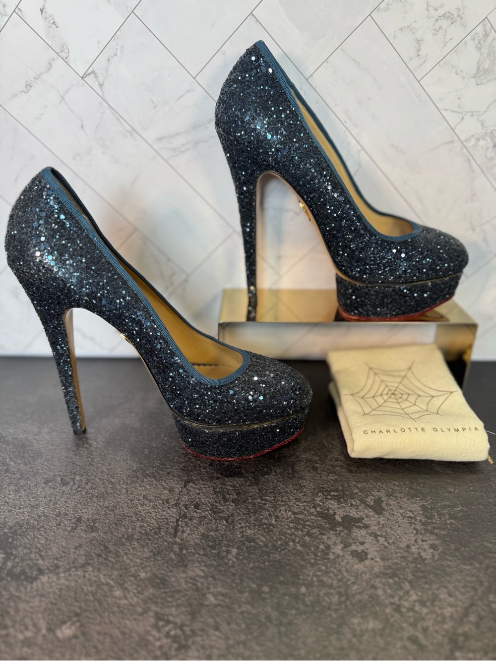 Charlotte Olympia Blue Glitter Platform Pump Heels, Size 40